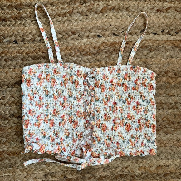 American Eagle Large Lace Up Smocked Floral Crop Top - Picture 1 of 8